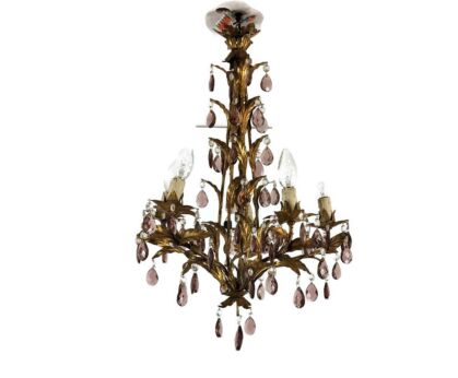 Gold gilded Florentine Italian Hollywood regency Chandelier ambered  crystals 5 arm