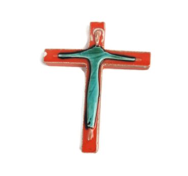 Vintage Modern wall hanging  Crucifix  small Ceramic  Belgium  Orange era Tieberghien