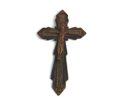 Lovely Vintage Ornate Brass Red Copper Enamel Wall Hanging Crucifix French  