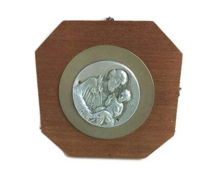 small art deco antique Wall hanging plaque wood brass Saint Joseph Medallion Infant Jesus