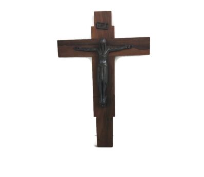 Vintage Wooden Brass Ornate Crucifix Hanging Cross Jesus Christ Modernist Beautiful 
