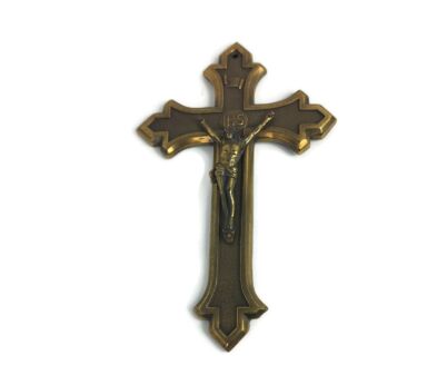 Vintage Brass Ornate Crucifix Hanging Cross Jesus Christ Belgium Marked JMPO 40s Small