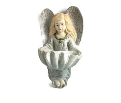 Vintage   Holy Water Font Angel Hand Painted  Blue Bisque Porcelain Collector  