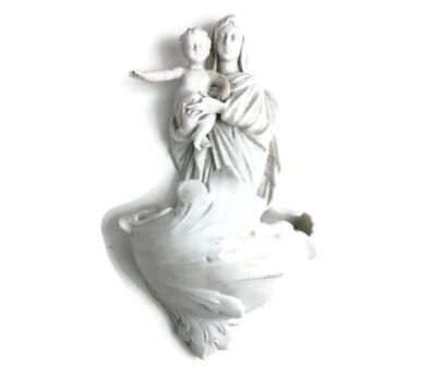 Gorgeous Antique Holy Water font Vessel White Bisque Porcelain madonna with infant marked