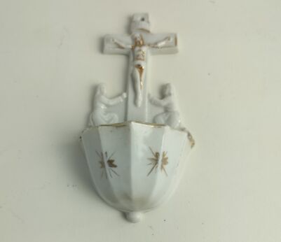Small Antique Gorgeous Holy Water font Bisque Porcelain Wall hanging Vessel Crucifix 
