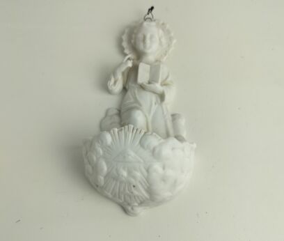 Antique Gorgeous Holy Water font Bisque Porcelain Wall hanging Vessel jesus Christ Bible