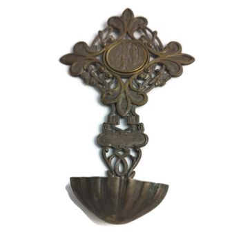 vintage Spelter Faux Brass Holy Water Font Madonna Our Lady of Lourdes France