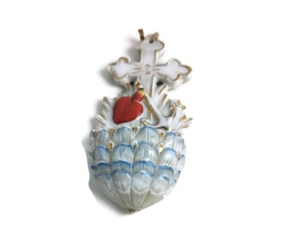 Antique Small Holy Water font Vessel  Bisque Porcelain  Holy Heart faith Love Hope 