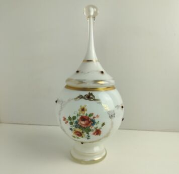 Vintage Goblet Apothecary Jar Lidded Art Glass white Opaline Cased Glass red little knobs
