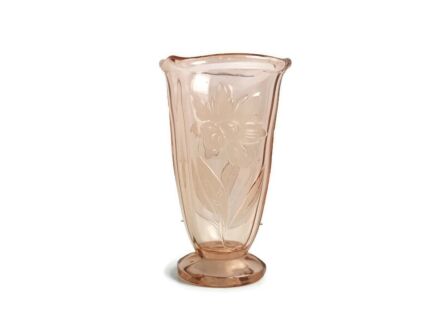Small Antique Art Deco Etched flowers Pink Depression Glass Vase 