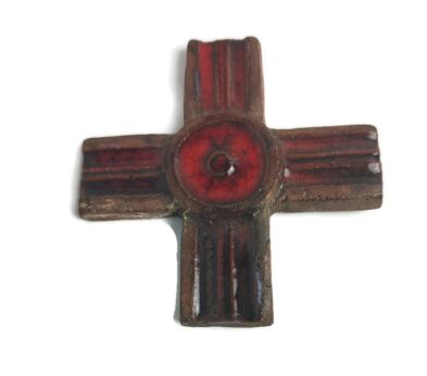 small Vintage Ceramic hanging Crucifix Red abstract Lovely era Tieberghien Belgium