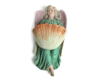 Small Vintage Holy Water Font Vessel Angel praying  Bisque Porcelain polychrome