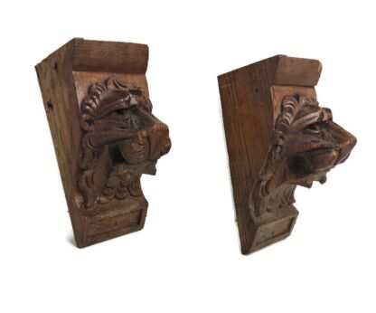 Antique Pair Corbels Hand Carved Wood Architectural reclaimed Lion Heads Trim ornate