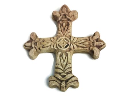 Vintage Stoneware Breton Hanging Small Crucifix French Fleur de lis Jesus Christ Christianity