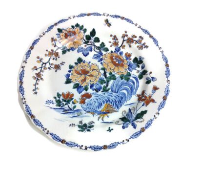 Vintage French charger plate by Cien with hand painted floral motifs Rooster 