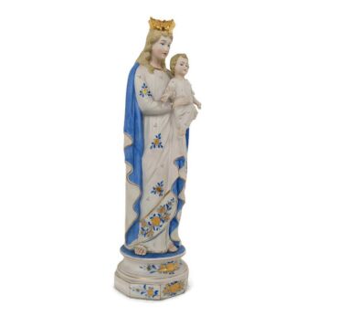French Antique Bisque Statue Virgin Mary Lady Madonna  with Infant Jesus Gorgeous Blue White