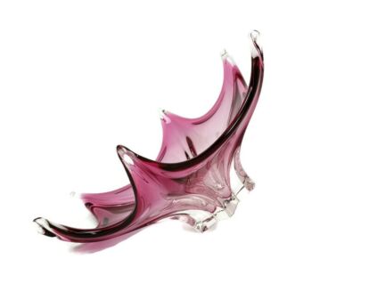 Murano Italy Bowl Dish Centerpiece Cranberry Clear Art Glass Vintage Gorgeous
