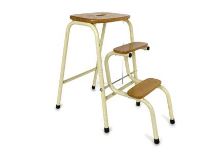 Mid Century Step Ladder Iron Wood Fold Out Steps Kitchen Library Funky Vintage