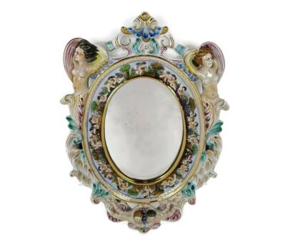 Capodimonte Mirror Vanity Boudoir Rococo  Ceramic Putti Cherubs Mermaids Marked