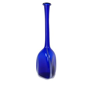 Vintage Retro Art Glass Genie Bottle Vase Cobalt Blue White Lines Extremely HTF