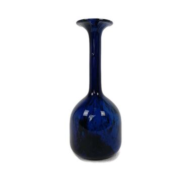 Vintage Retro Art Cased Glass Genie Bottle Vase Cobalt Blue Black Lines 
