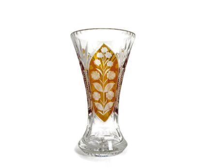 art glass Crystal Vase Val St Lambert Style Amber Clear Crystal Cut Etched Flowers Gorgeous
