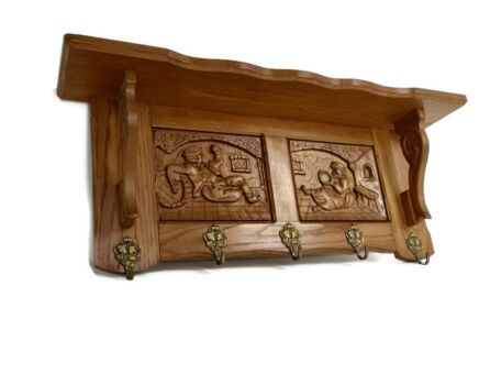 Hand Carved Wood Coat Hat Rack Ornate Oriental Scenes 50s-60s 