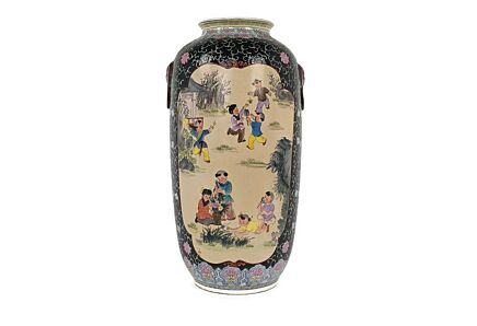 Chinese Porcelain Vintage Family Noire Vase Polychrome Playing children