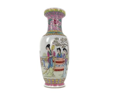 Chinese Porcelain Vintage Family Rose Vase Polychrome Women in the Garden