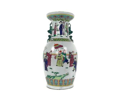 Chinese Porcelain Vintage Family Rose Vase Polychrome Dragons People in Garden