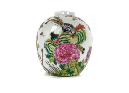 Chinese Porcelain Vintage Family Rose Vase Polychrome Birds Ginger Jar no Lid