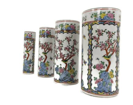 set of 4 Chinese Porcelain Vintage Family Rose Vases Polychrome cylinder vases
