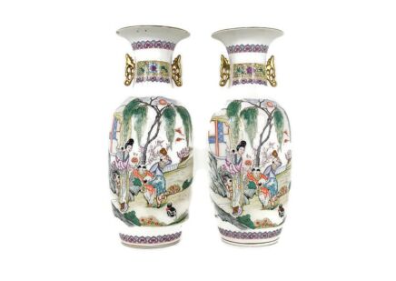 Pair Chinese Porcelain Vintage Family Rose Vases Polychrome 1950s Vintage