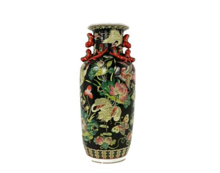Chinese Porcelain Vintage Family Noire Vase Birds Peacocks Butterflies Beautiful