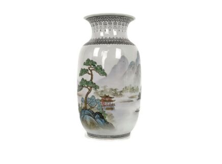 Chinese Porcelain Vintage  Vase Polychrome Pagode Chinese Landscape 