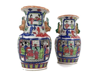 Pair Chinese Porcelain Vintage Family Rose Vases Polychrome Mid Century