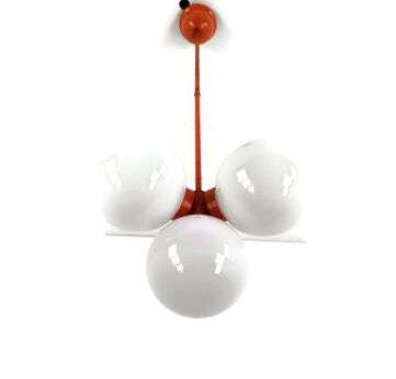Mid Century Atomic Sputnik Chrome Chandelier 4 art glass balls Design Kaiser 4 Lights White Orange 
