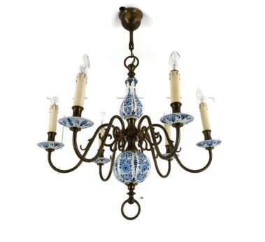 Dutch Delft Blue White Porcelain Ornate Brass Chandelier 6 Lights Arm Farmhouse Barn Style