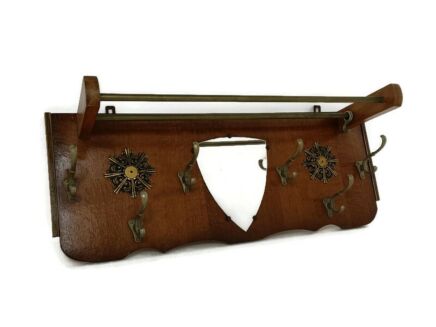 Retro Funky Industrial Railway Wood Wall Shelf Coat Hat Rack  Brass trims Mirror