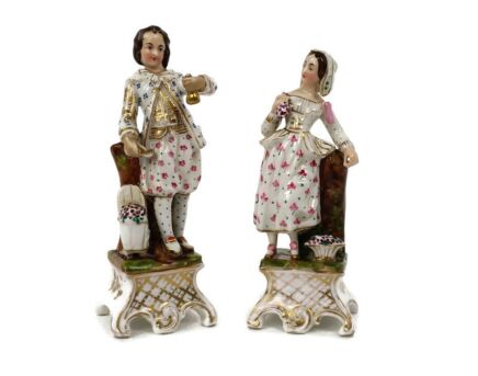 pair of Figurines Statues Bisque Porcelain  Man and Woman Flower Spanish couple Antique bud vases