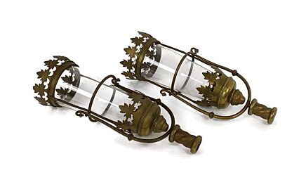 Pair Religious Swinging Procession Torch Thuribles Candle Holders Brass Lamp Glass  Antique
