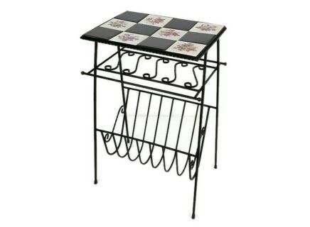 Vintage Mid Century Modern Magazine Newspaper Basket Rack Side Table Ceramic Tiles  Wrought Iron retro Funky 