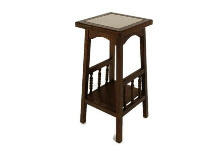 Vintage wood Pedestal Display Table Plant Stand Tile scene Two Tier 70s