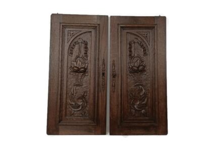 Pair Antique French hand Carved Wood Oak Door Panels Reclaimed Architectural Flower Baskets