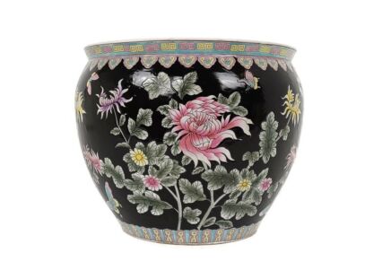 Huge Vintage Chinese Porcelain Enamel Famille Rose Koi Fish Bowl Planter Vase  Cachepot Flowers Black Flowers WOW