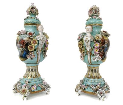 Pair Meissen Potpourri Vases Urns Large Antique 1850s Medusa faces Hand Painted Scenes Flowers HTF