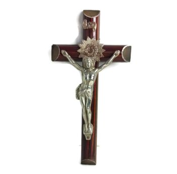 Small hanging vintage wall crucifix Cross Wood Spelter Corpus Jesus Christ 