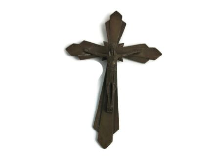 Small hanging vintage wall crucifix Cross Brass Ornate  Spelter Corpus Jesus Christ Modernist