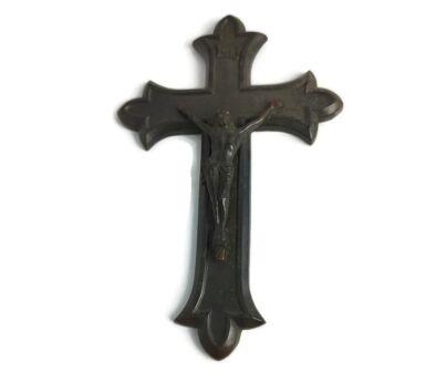 small hanging Brass French Crucifix Cross Fleur de Lis Ornate wall hanging Jesus Christ