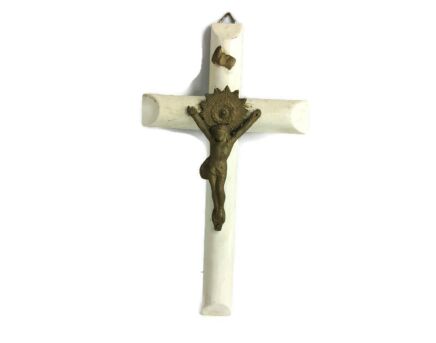 Vintage Wooden Brass Ornate Crucifix Cross Corpus Jesus Christ Painted White